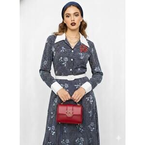 VTG 70s Dagger Collar Maxi Dress Navy Floral Grid Contrast Cuff Belted SZ 8/10 M